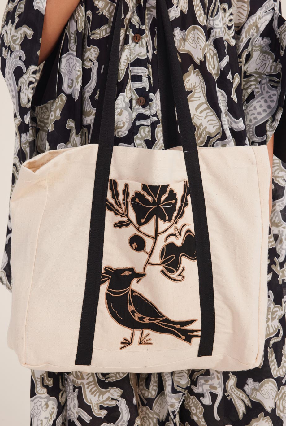 Kiji Handloom Denim Applique Embroidered Tote Bag