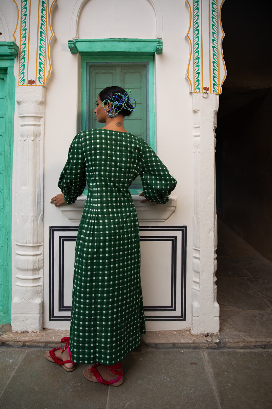 the-jodi-life-hand-embroidered-sustainable-green-checks-dress