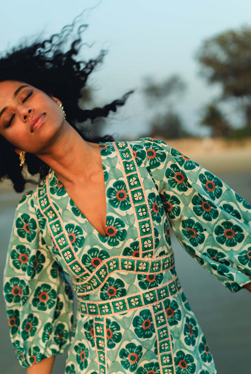 sustainable-handmade-handcrafted-jodi-thejodilife-block-printed-floral-tile-print-slits-blue-green-fitted-dress-summer