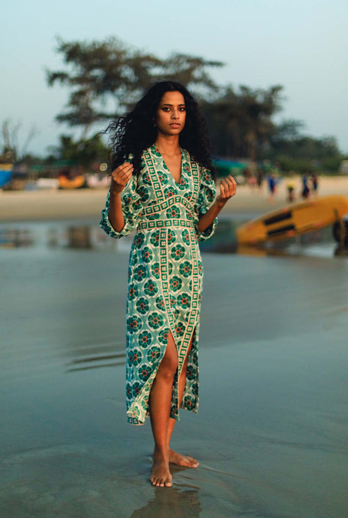 sustainable-handmade-handcrafted-jodi-thejodilife-block-printed-floral-tile-print-slits-blue-green-fitted-dress-summer
