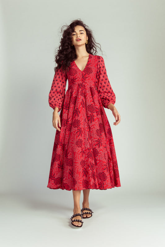 CHILLI RED FLORAL MAXI DRESS
