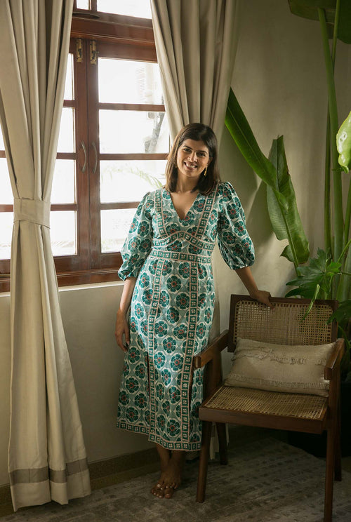 sustainable-handmade-handcrafted-jodi-thejodilife-block-printed-floral-tile-print-slits-blue-green-fitted-dress-summer