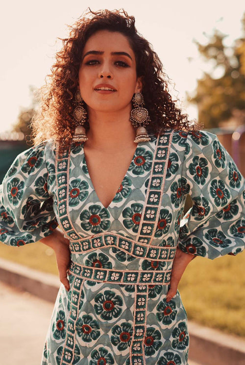 sustainable-handmade-handcrafted-jodi-thejodilife-block-printed-floral-tile-print-slits-blue-green-fitted-dress-summer