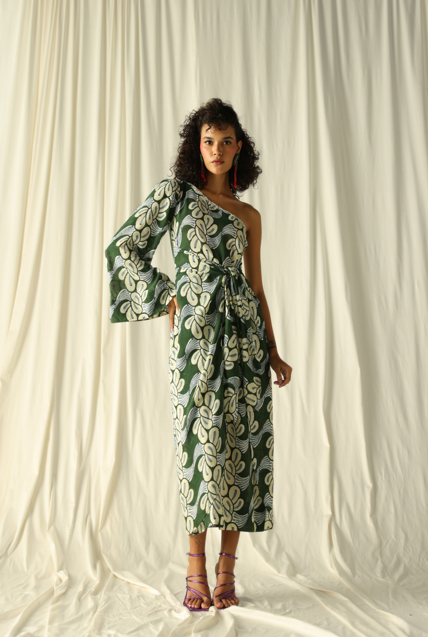 mandi-one-shoulder=green-block-printed-cotton-dress