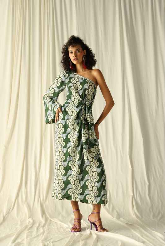 mandi-one-shoulder=green-block-printed-cotton-dress
