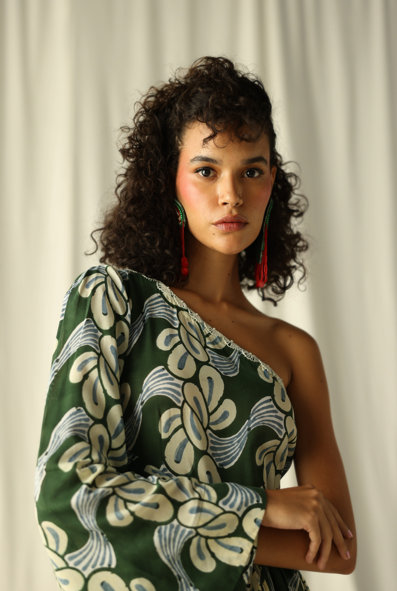 mandi-one-shoulder=green-block-printed-cotton-dress