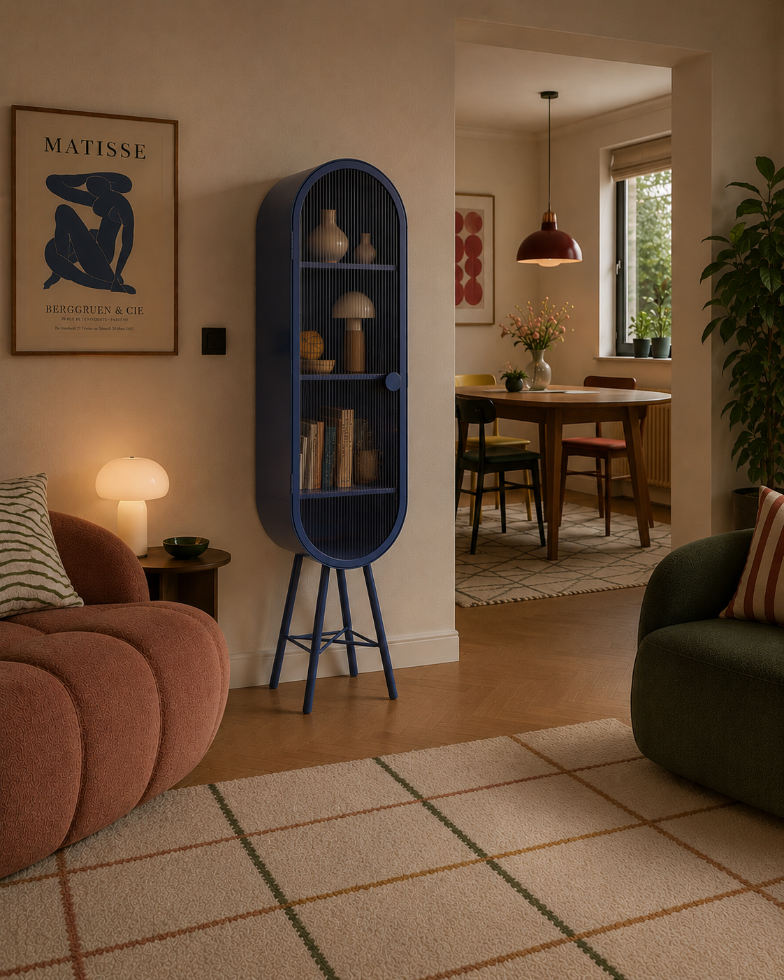 Oval Metal Cabinet with Internal Shelves for Storage/Bar in Matt Black/Oxford Blue