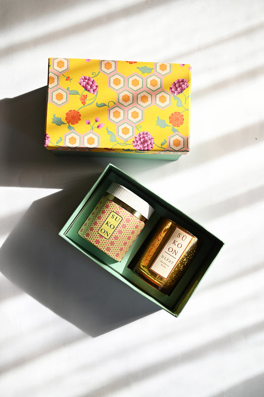 Set of green tea and candle