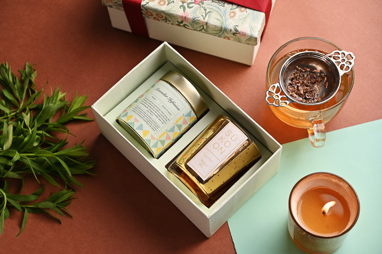 Set of green tea and candle