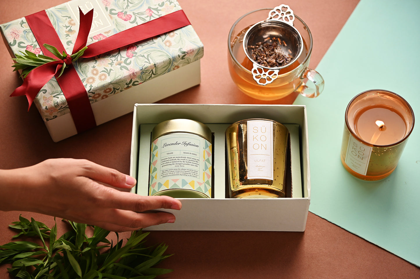 Set of green tea and candle