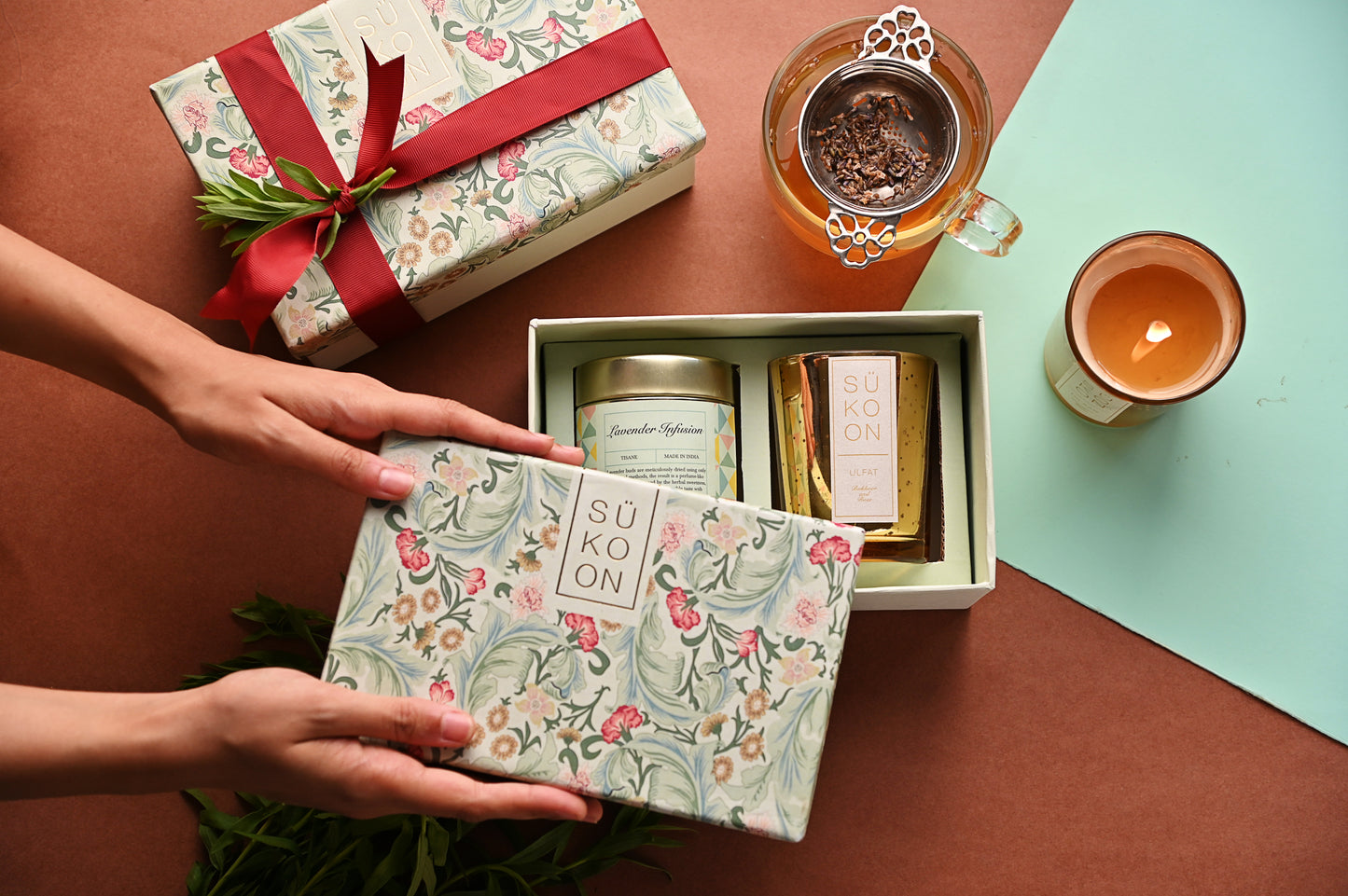 Set of green tea and candle