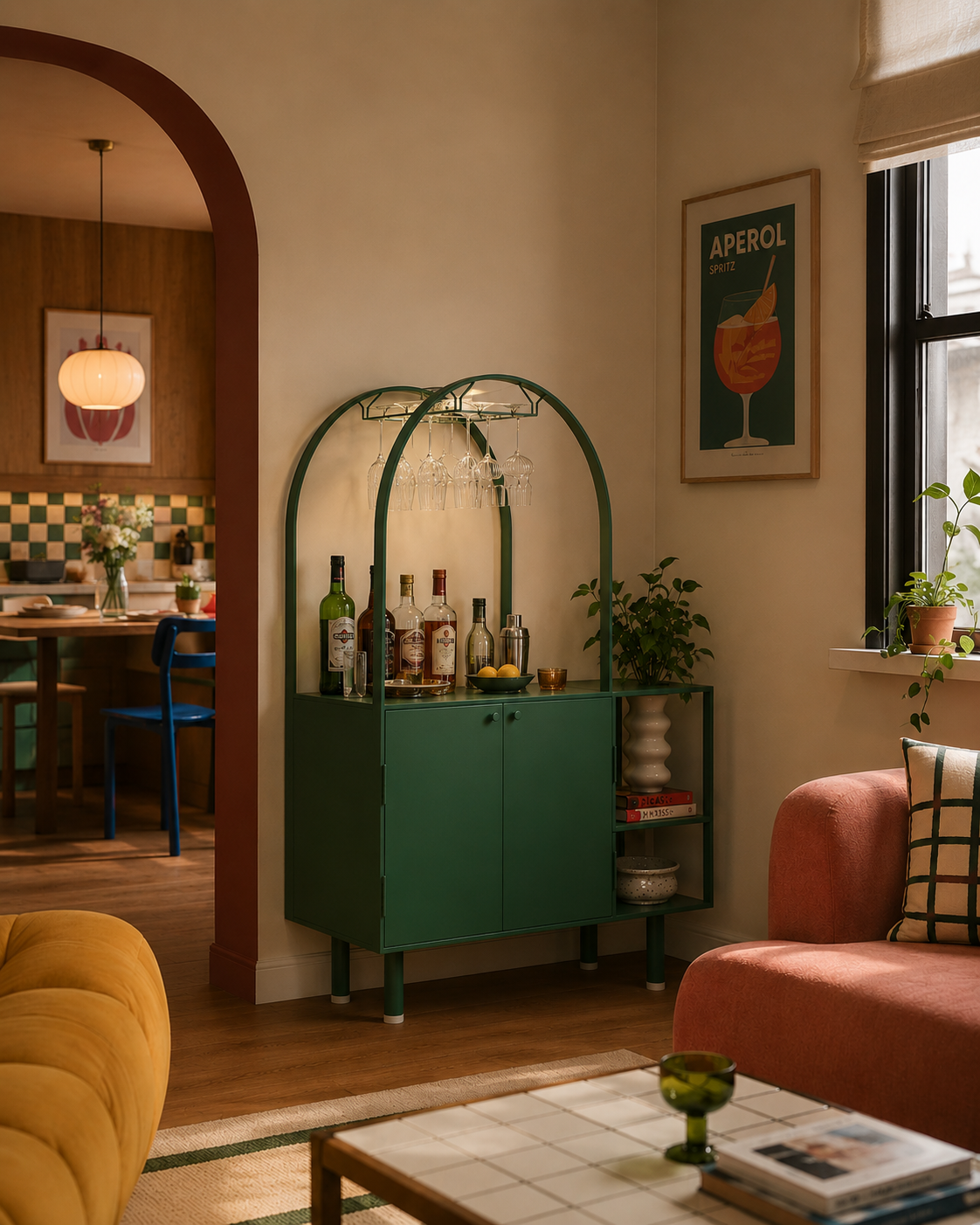 Curio Modern Minimalist Metal Bar Cabinet in Emerald Green Colour