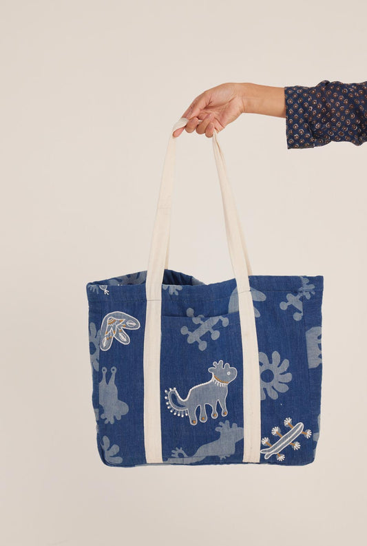 MESO DENIM EMBROIDERED TOTE BAG