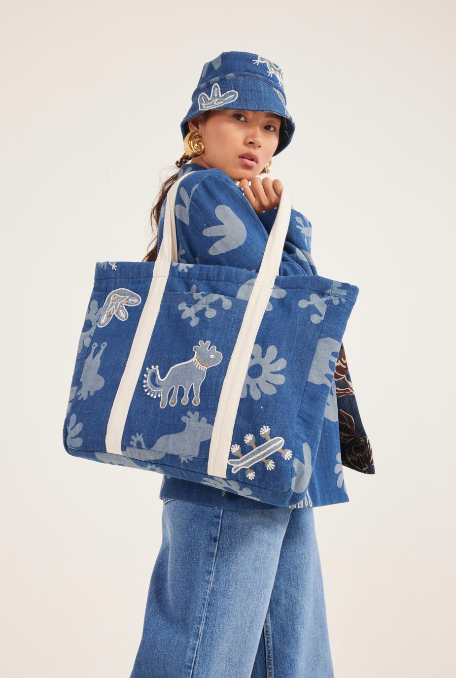 MESO DENIM EMBROIDERED TOTE BAG