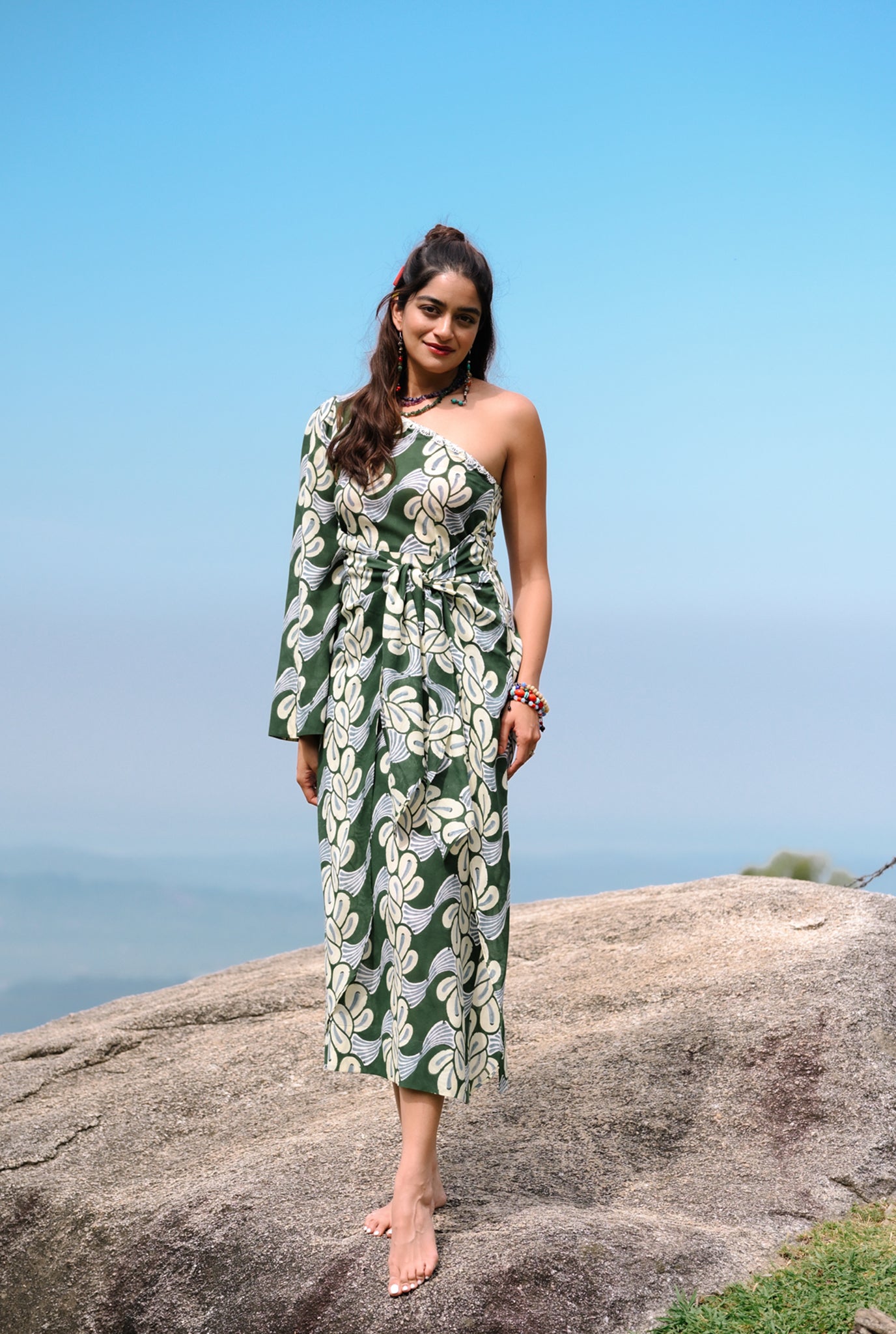 mandi-one-shoulder=green-block-printed-cotton-dress