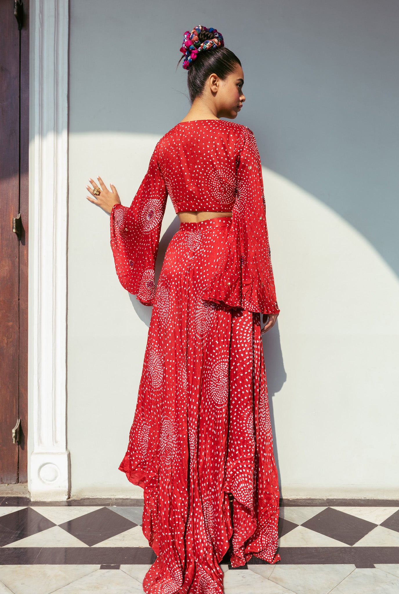 The-Jodi-Life-silk-bandhani-flared-dress-cut-out-sustainable-handcrafted