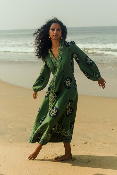 the-jodi-life-hand-crafted-summer-dress-green-cafreal-india-sustainable-handmade-block printed