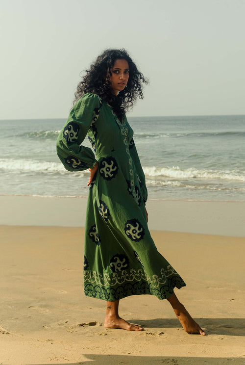 the-jodi-life-hand-crafted-summer-dress-green-cafreal-india-sustainable-handmade-block printed
