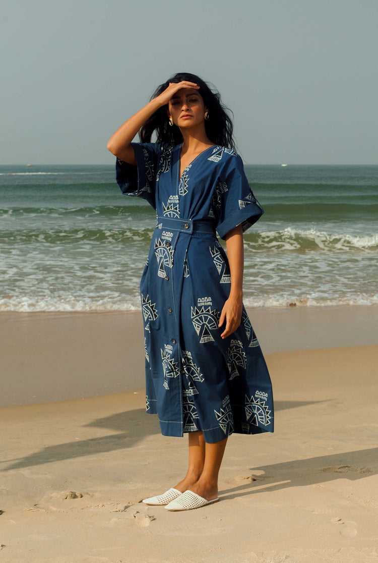 sustainable-handmade-handcrafted-jodi-thejodilife-block-printed-indigo-traditional-artisanal-technique-wrap-dress-abstract-print