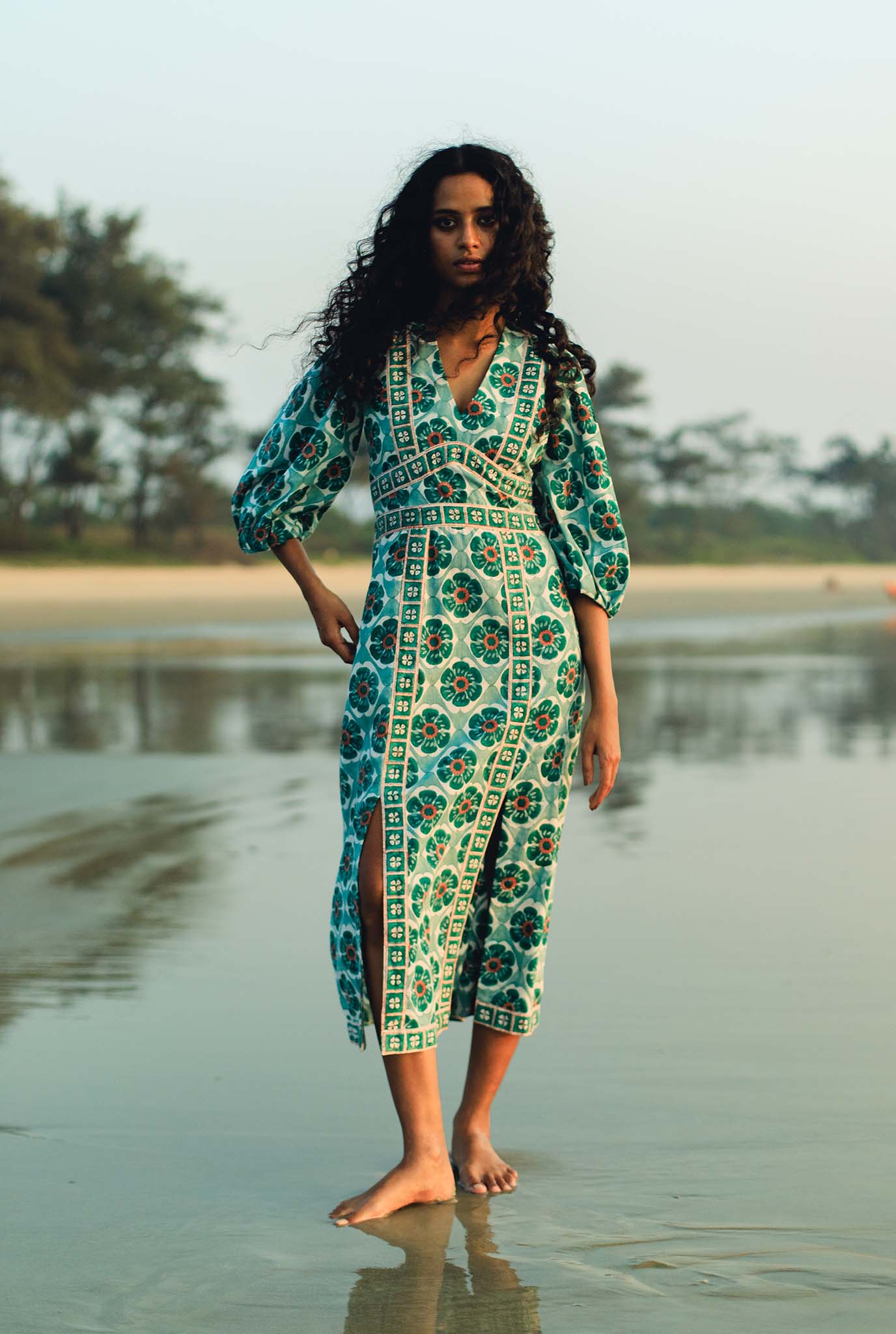 sustainable-handmade-handcrafted-jodi-thejodilife-block-printed-floral-tile-print-slits-blue-green-fitted-dress-summer
