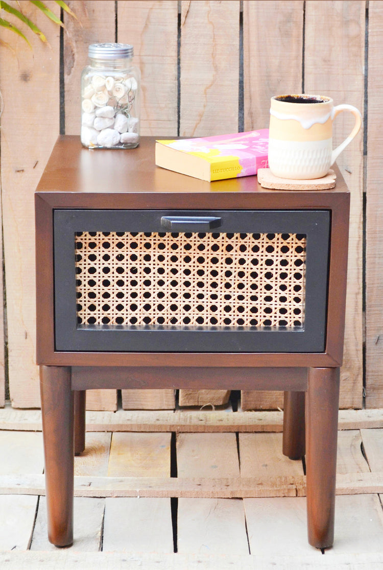 drawer- handcrafted- single-solid teakwood-mesh cane-sustainable-storage