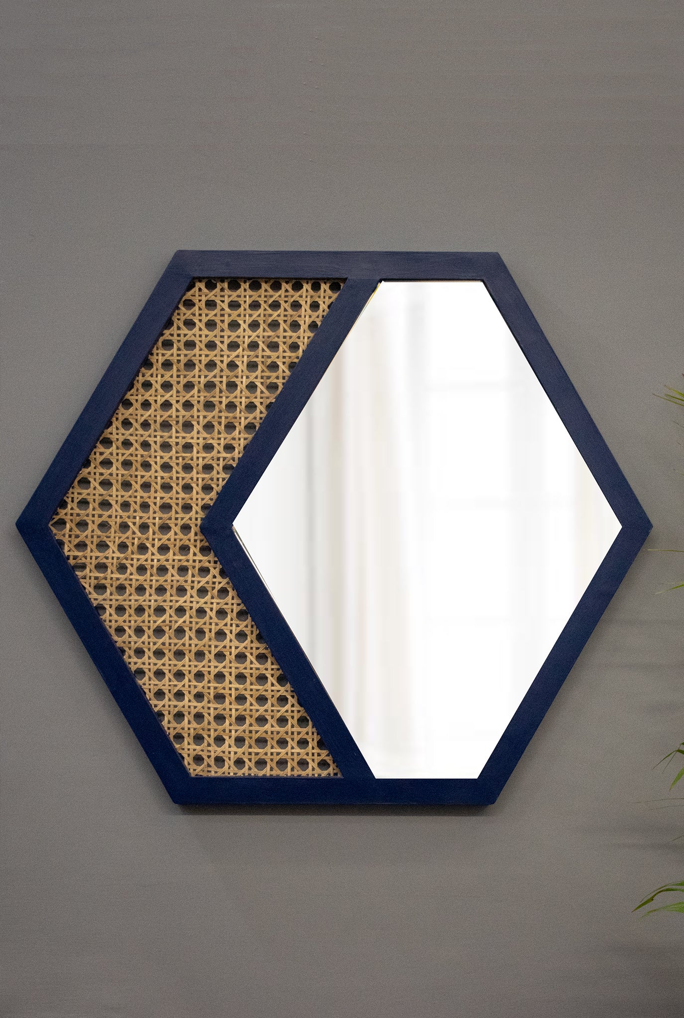handcrafted- bamboo frame-pentagon mirror-cane mesh