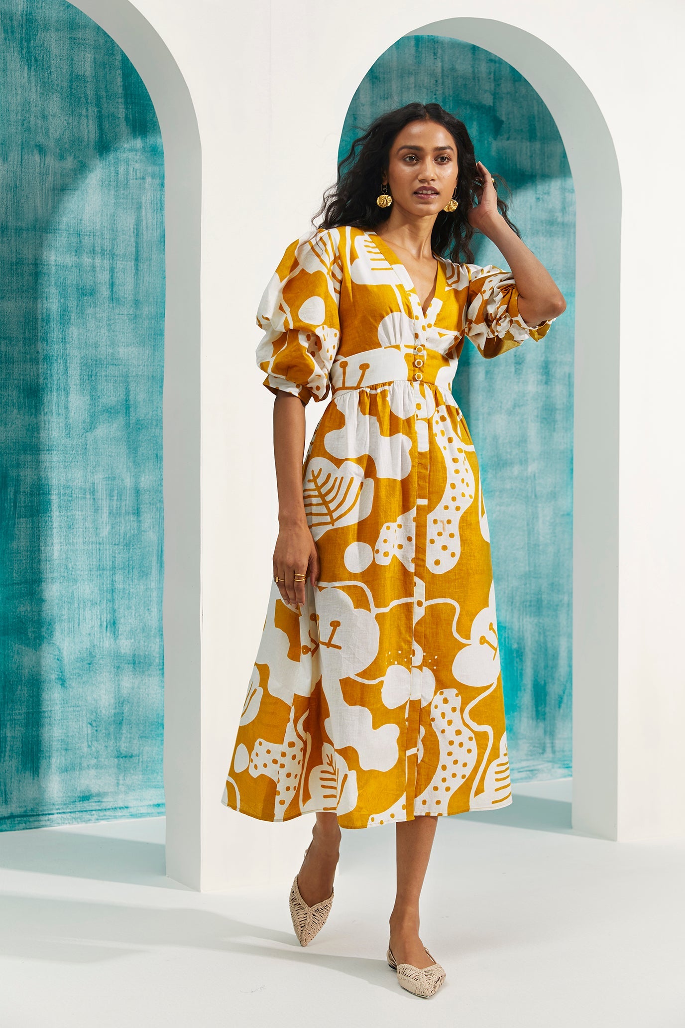 sustainable-handmade-handcrafted-jodi-thejodilife-screen-printed-double-puffed-sleeve-deep-V-neck-fabric-buttons-yellow-dress