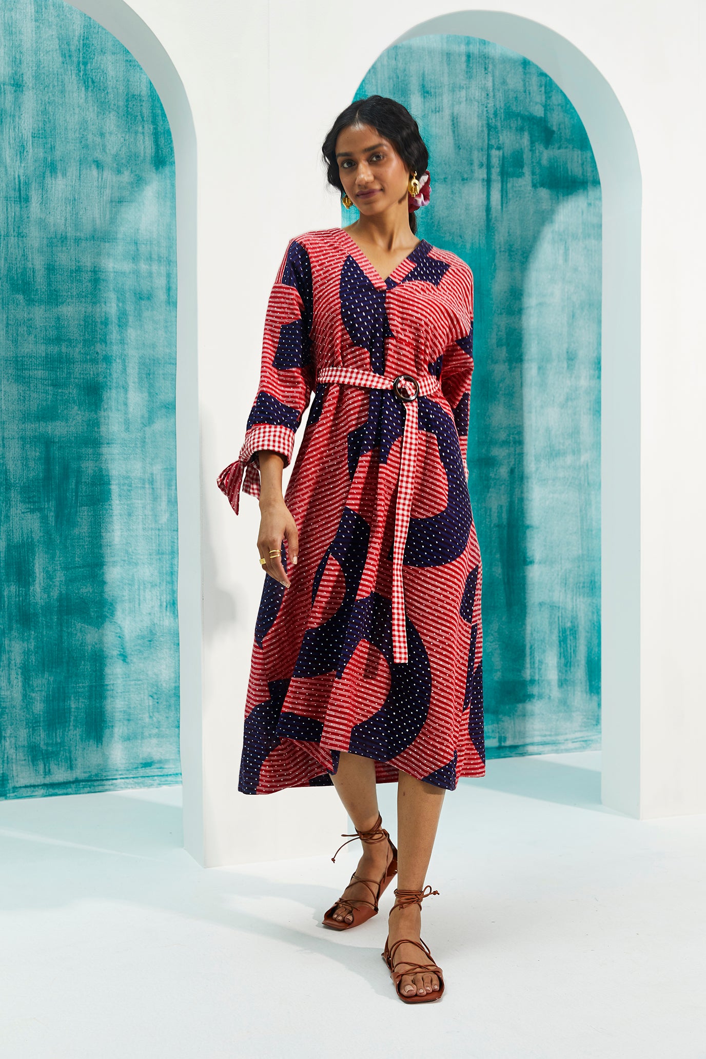 sustainable-handmade-handcrafted-jodi-thejodilife-graphic-hand-block-print-textured-cotton-red-blue-dress-relaxed-loose-fit-attached-belt-cinch-waist-complementing-gingham-checks