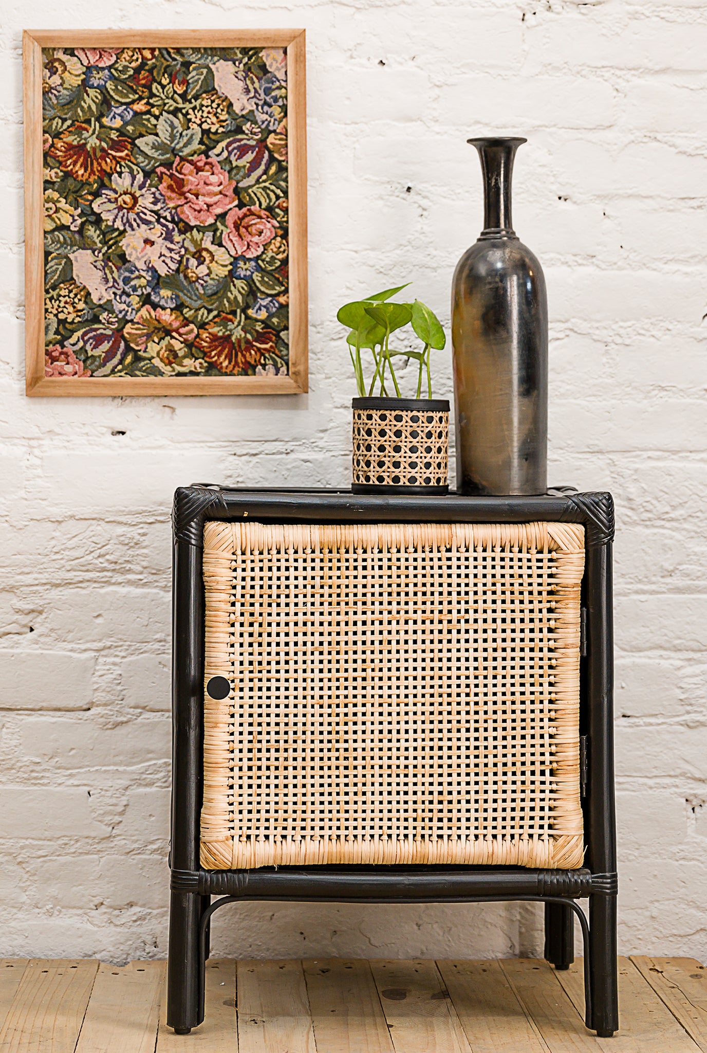 jodi- sustainable-black frame-cane weaving-handcrafted-side table