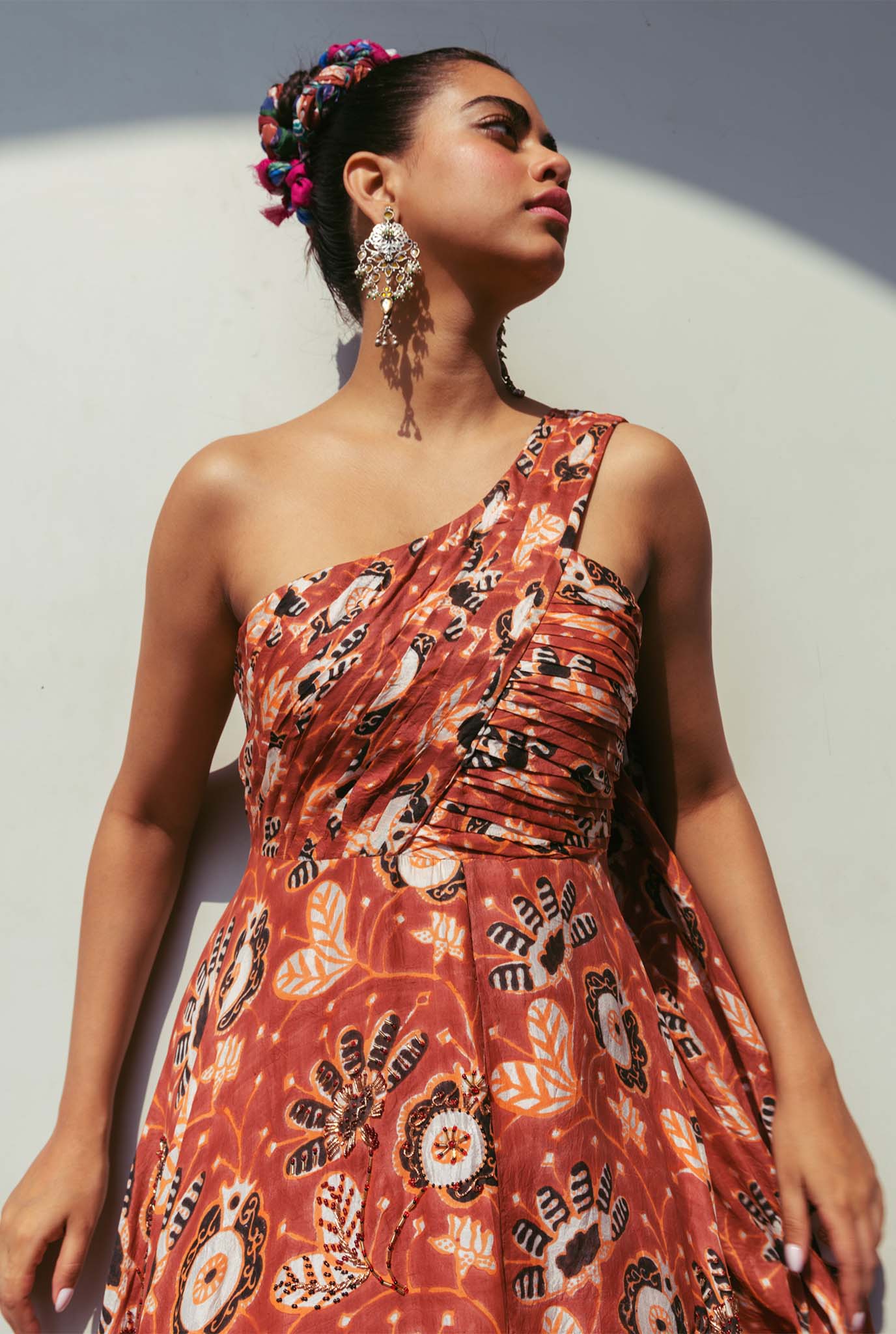 The-Jodi-Life-rustic-silk-flowy-one-shoulder-dress-embroidery-embellished-sequins-festive-handcrafted-sustainable-colourful