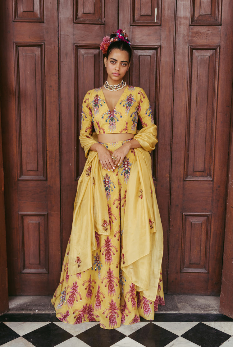 The-Jodi-Life-yellow-silk-lehenga-organza-dupatta-set-embroidery-embellished-sequins-festive-handcrafted