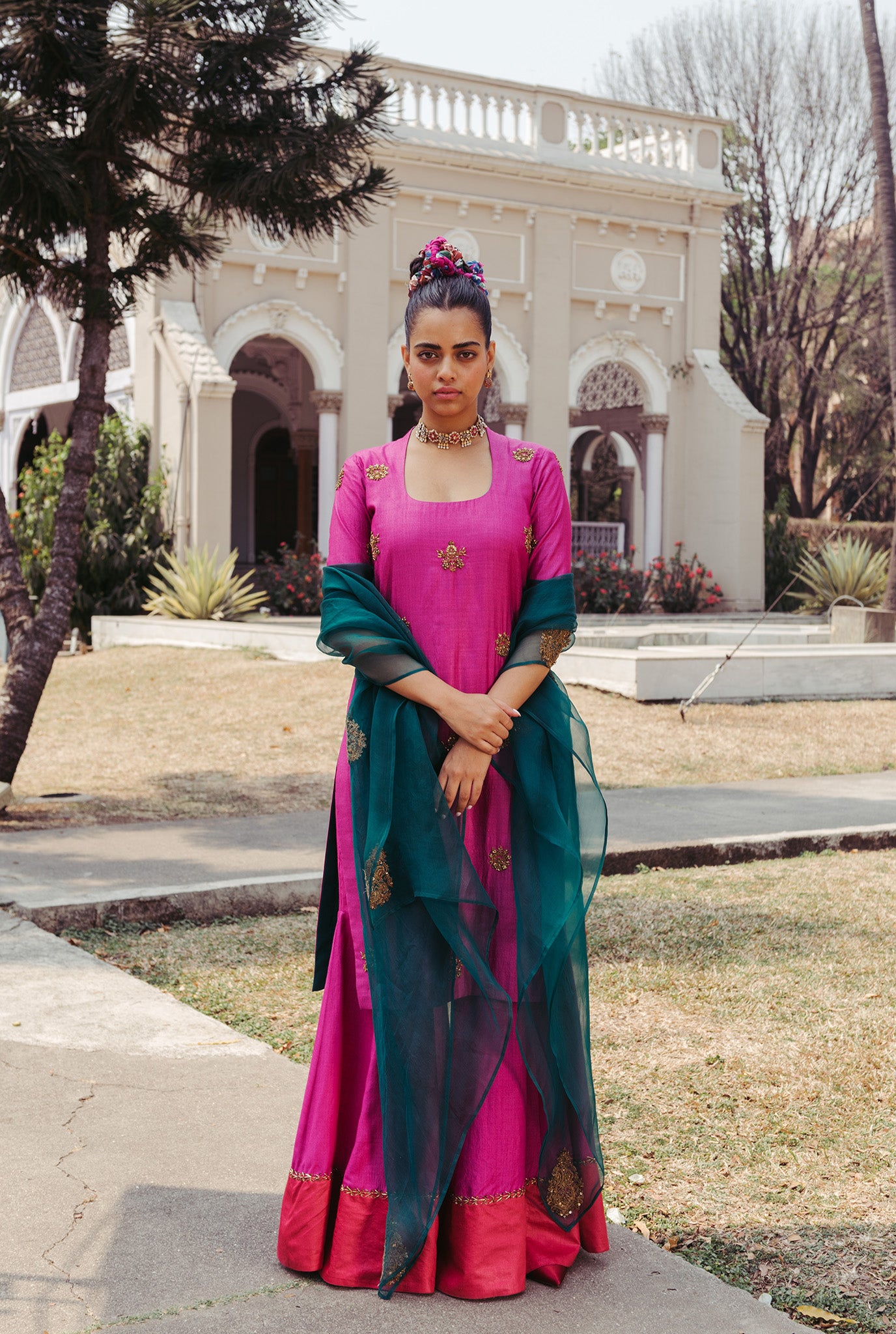 The-Jodi-Life-silk-kurta-set-wedding-festive-handcrafted-sustainable-magenta-red-embellished-green-oraganza-dupatta