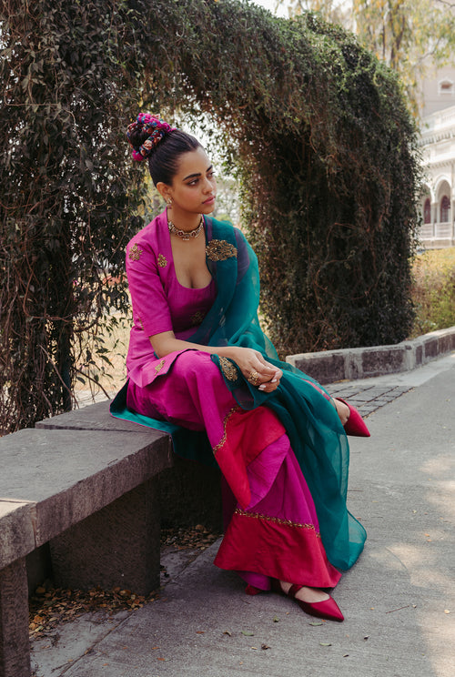 The-Jodi-Life-silk-kurta-set-wedding-festive-handcrafted-sustainable-magenta-red-embellished-green-oraganza-dupatta