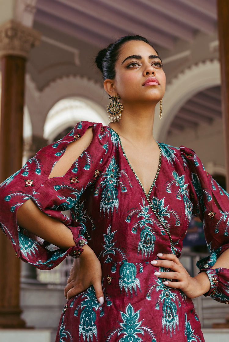 The-Jodi-Life-silk-evening-dress-hand-blockprinted-embroidery-embellished-neck-sequins-festive-handcrafted-sustainable-colourful
