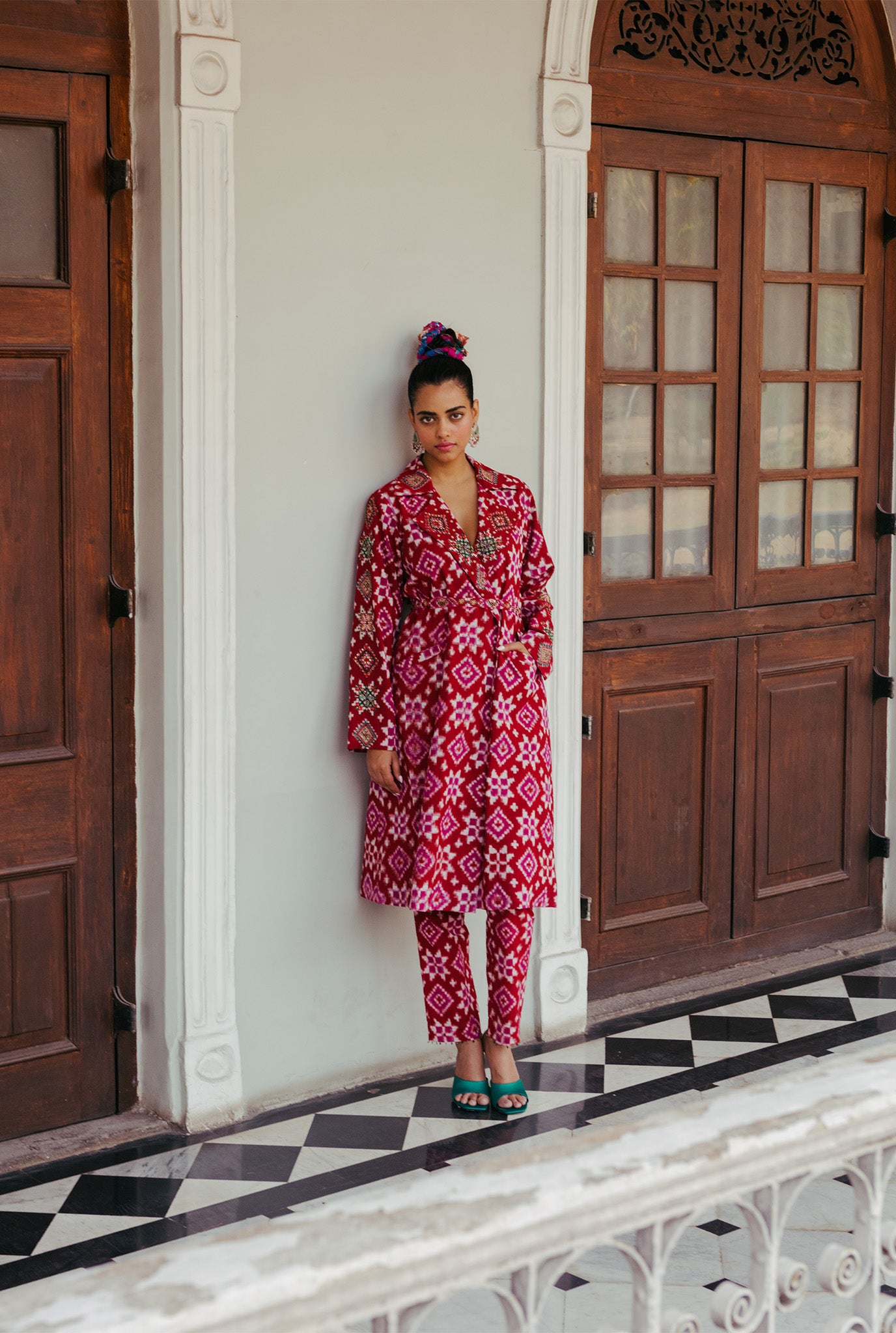 The-Jodi-Life-silk-red-ikat-trench-kurta-pant-set-sustainable-handcrafted-ikat