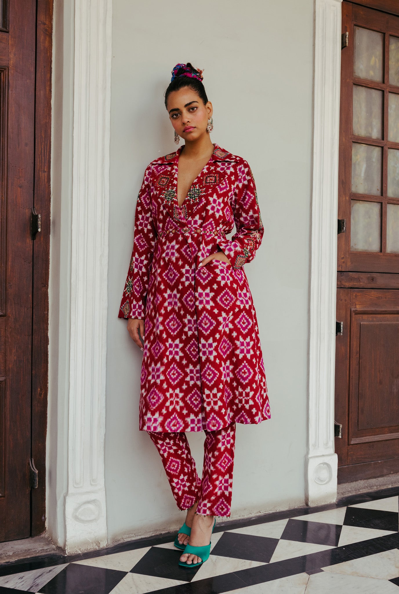 The-Jodi-Life-silk-red-ikat-trench-kurta-pant-set-sustainable-handcrafted