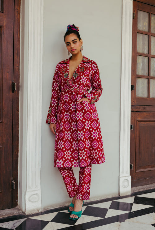 The-Jodi-Life-silk-red-ikat-trench-kurta-pant-set-sustainable-handcrafted