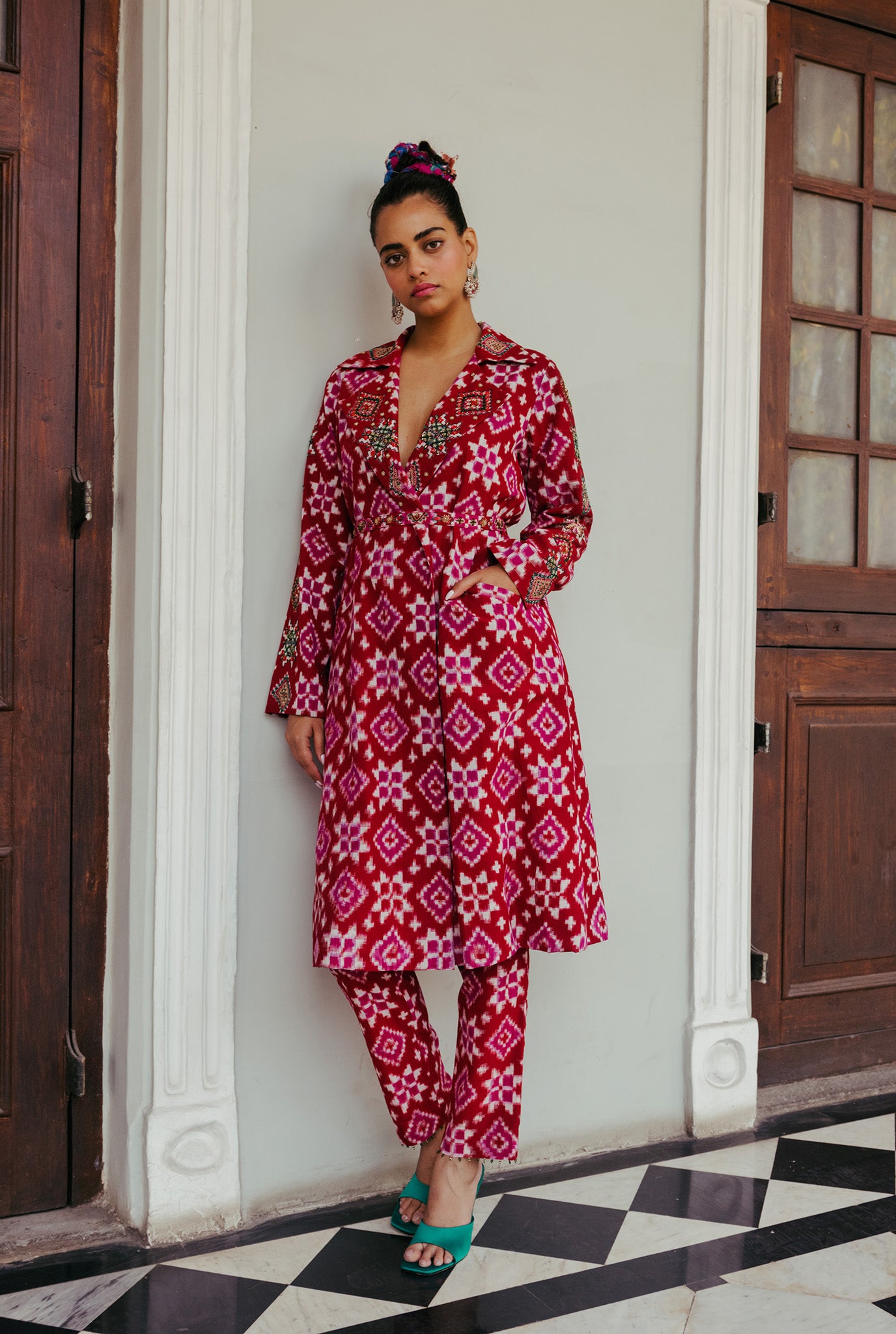The-Jodi-Life-silk-red-ikat-trench-set-sustainable-handcrafted
