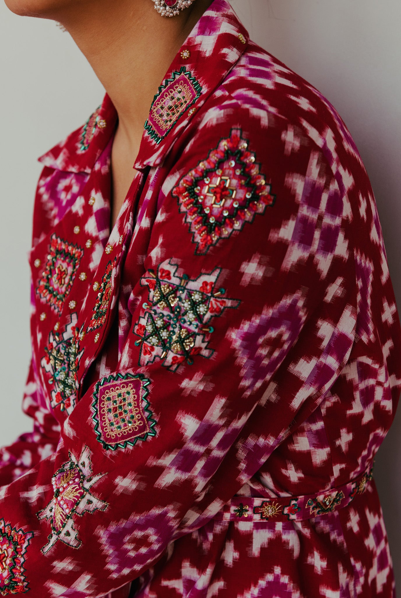 The-Jodi-Life-silk-red-ikat-trench-kurta-set-sustainable-handcrafted-embroidery