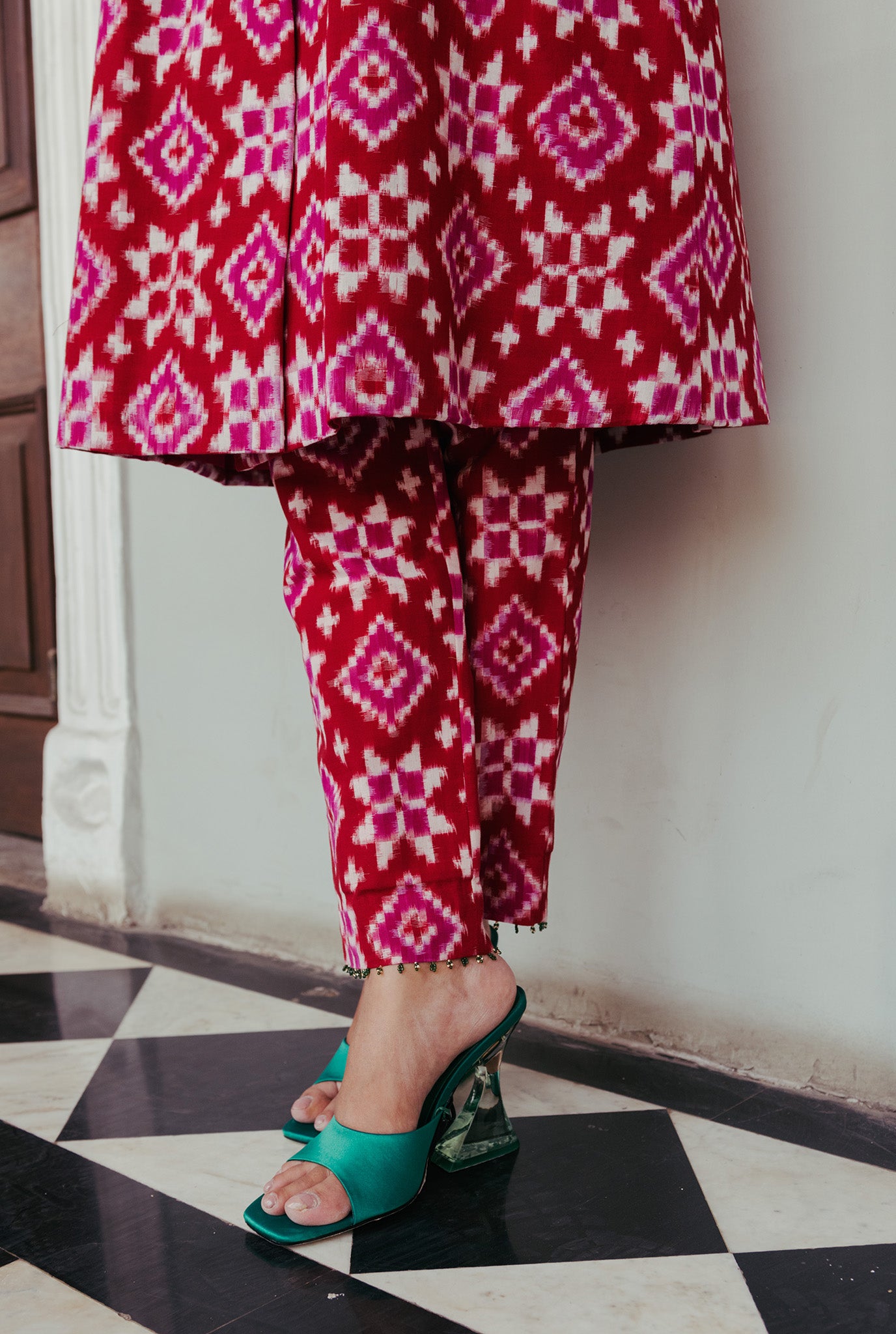 The-Jodi-Life-silk-red-ikat-trench-pant-narrow-cut-sustainable-handcrafted-embroidered