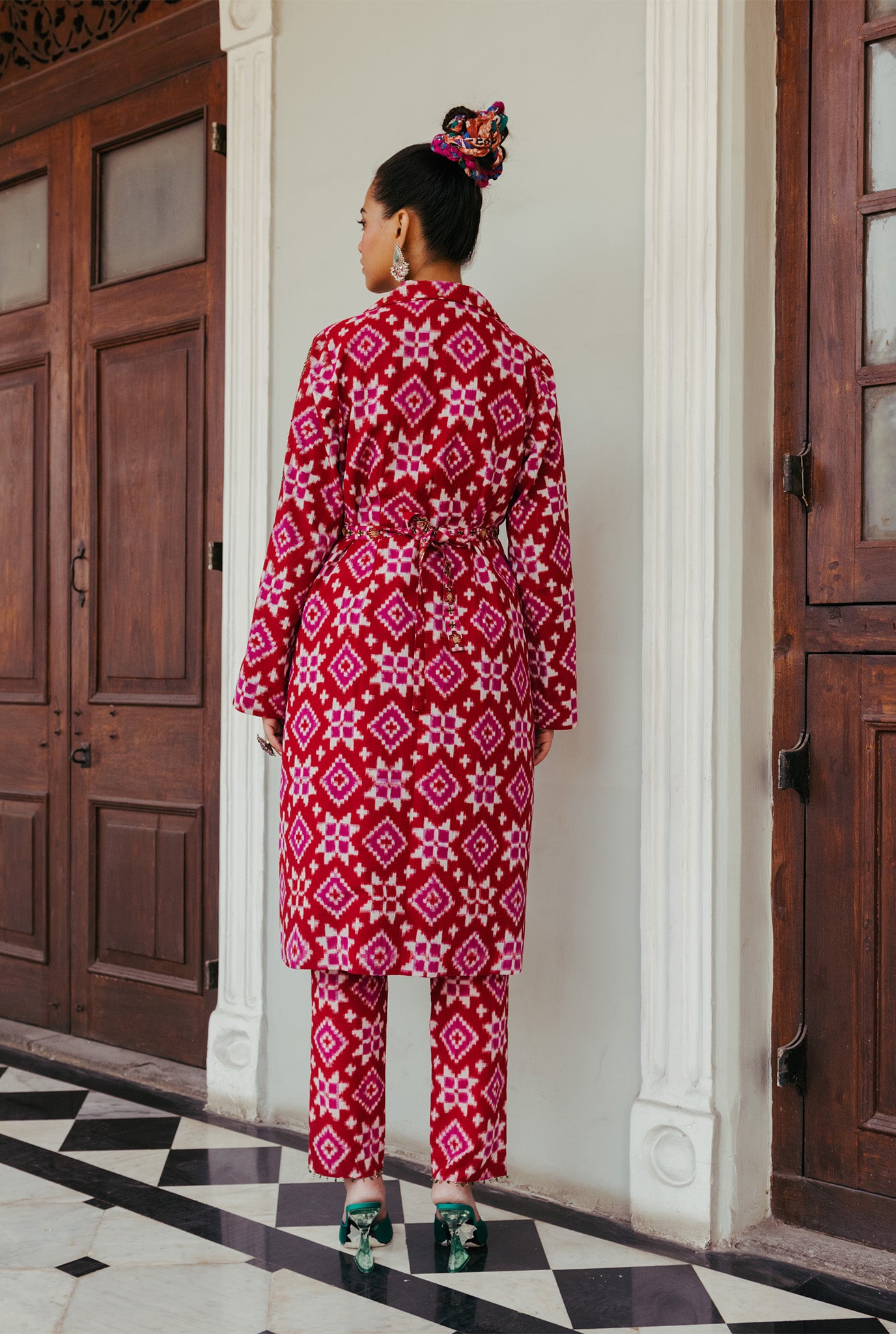 The-Jodi-Life-silk-red-ikat-trench-kurta-pant-set-sustainable-handcrafted