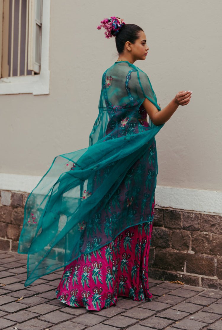 The-Jodi-Life-silk-green-organza-cape-sustainable-handcrafted-embroidery-blouse-skirt