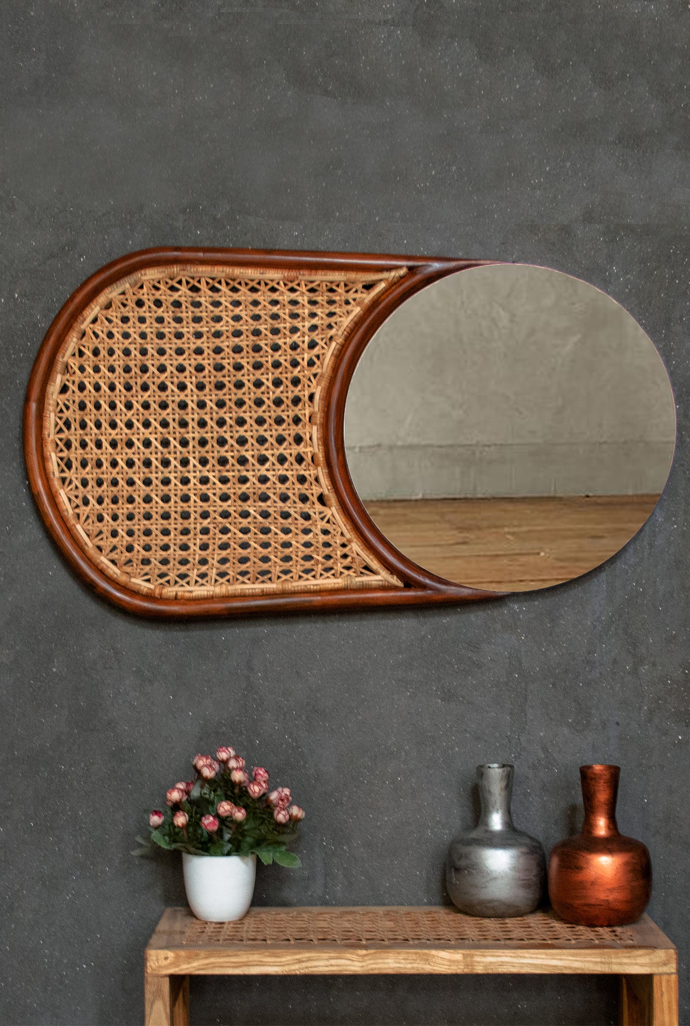 handcrafted-mirror-cane mesh-bamboo frame-round mirror-sustainable