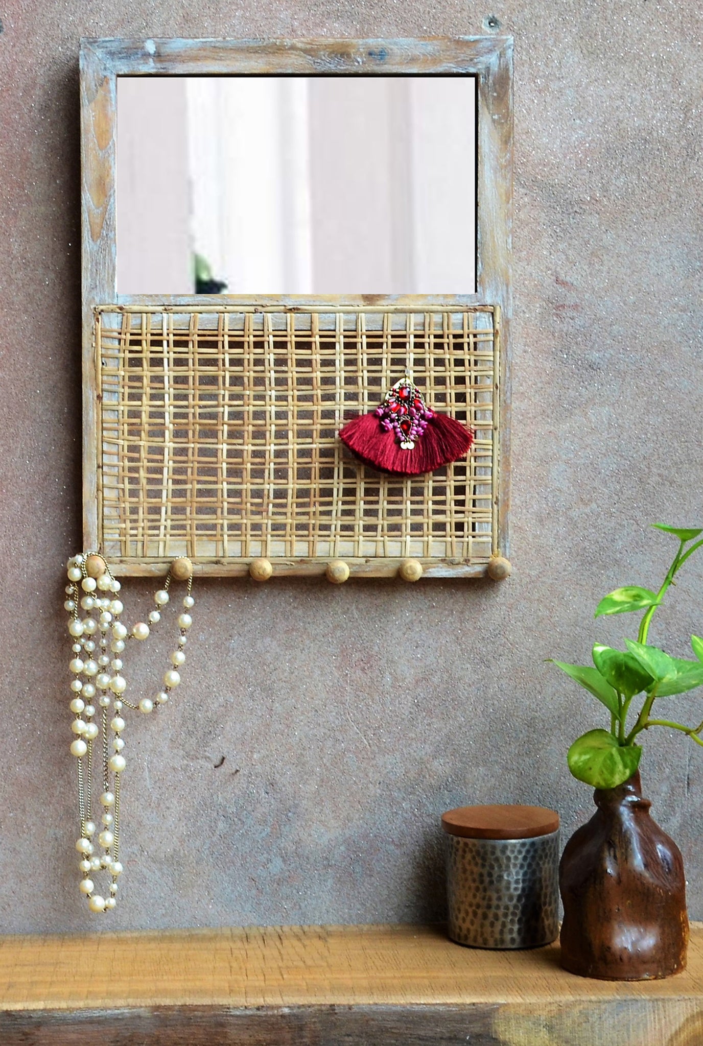 handcrafted-jewelry organizer- teak wood-cane mesh-sustainable-jodi
