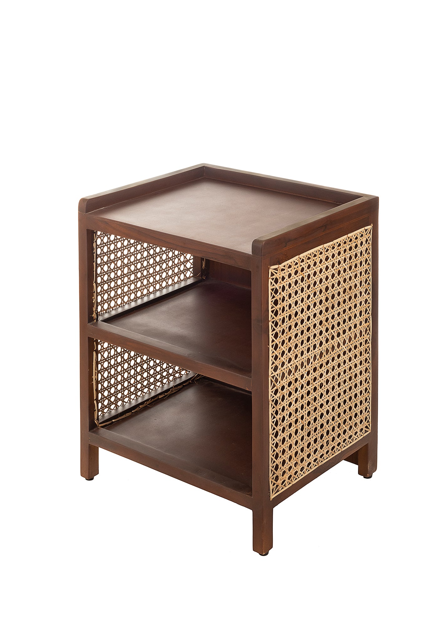 handcrafted-cane mesh-side table- storage-teak frame-