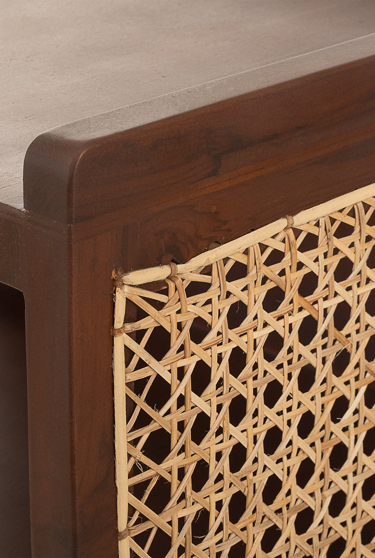 handcrafted-cane mesh-side table- storage-teak frame-