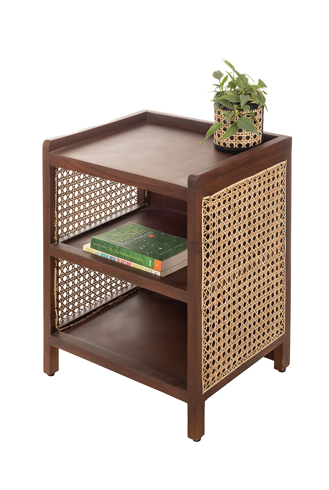 handcrafted-cane mesh-side table- storage-teak frame-