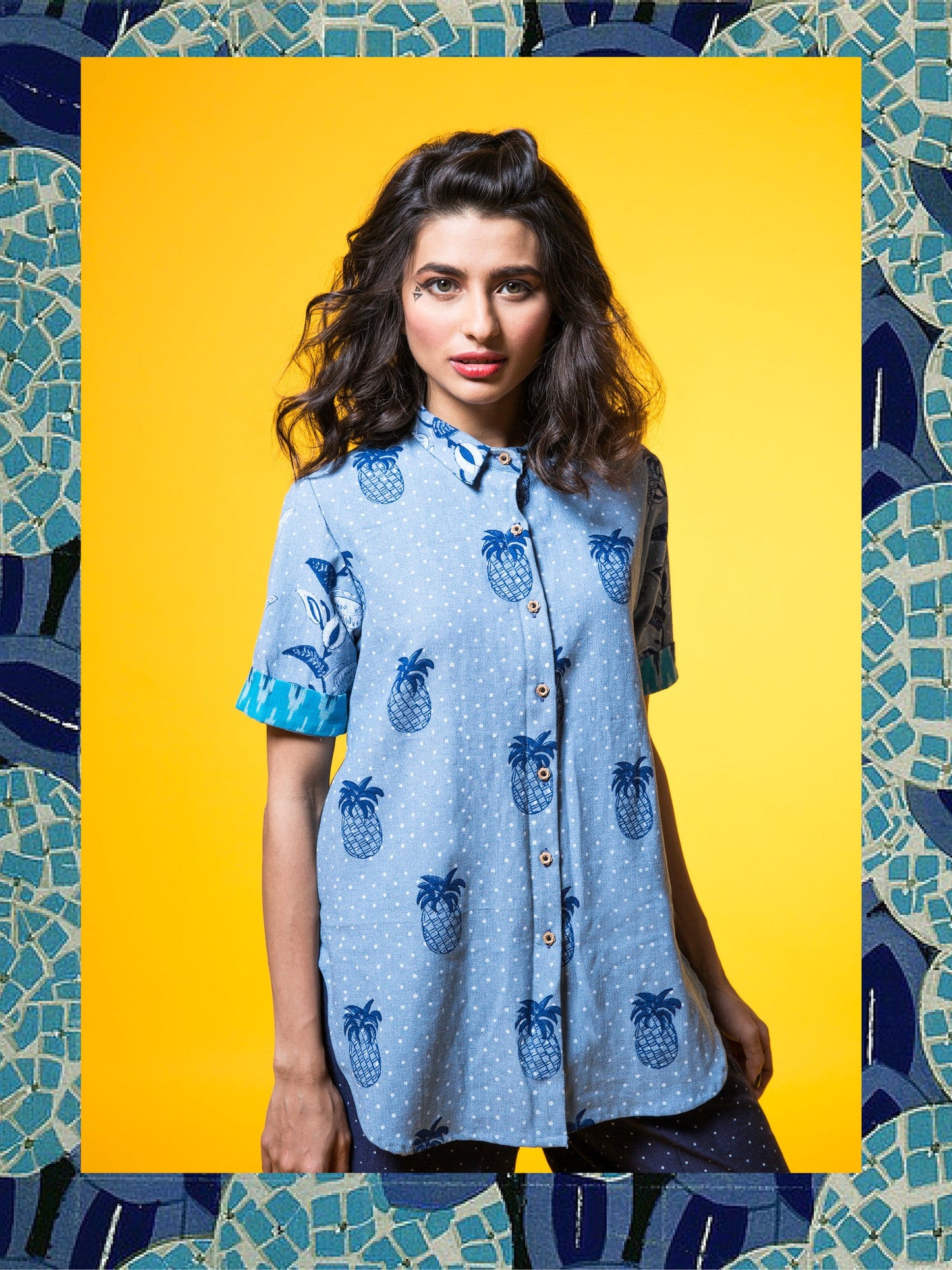Denim High-Low Pineapple Shirt with Blue Ikat | Relove
