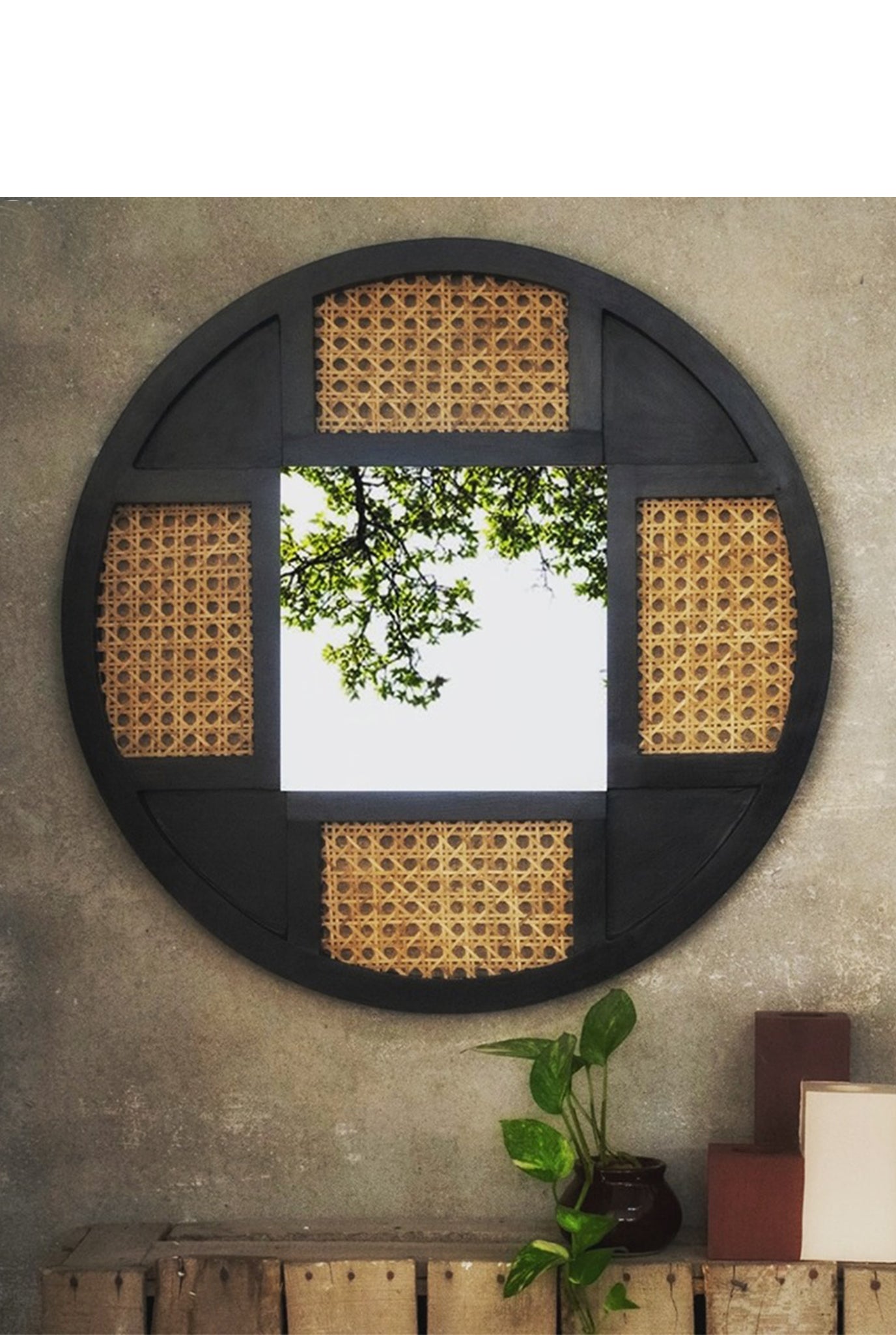 handcrafted-mirror-rustic- black teak wood-cane mesh-accent piece
