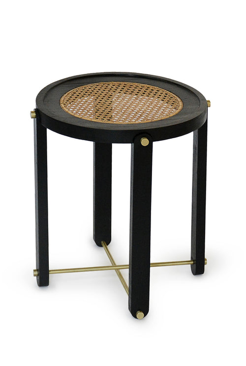 coffee table-side table-handcrafted-brass accent-black stained ash-wood-cane weaving 